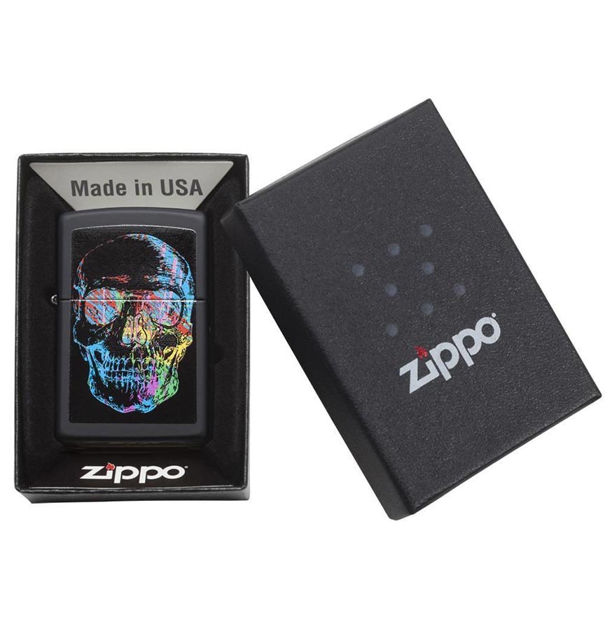 Zippo Colorful Skull Windproof Lighter, Black Matte Classic Case 28042