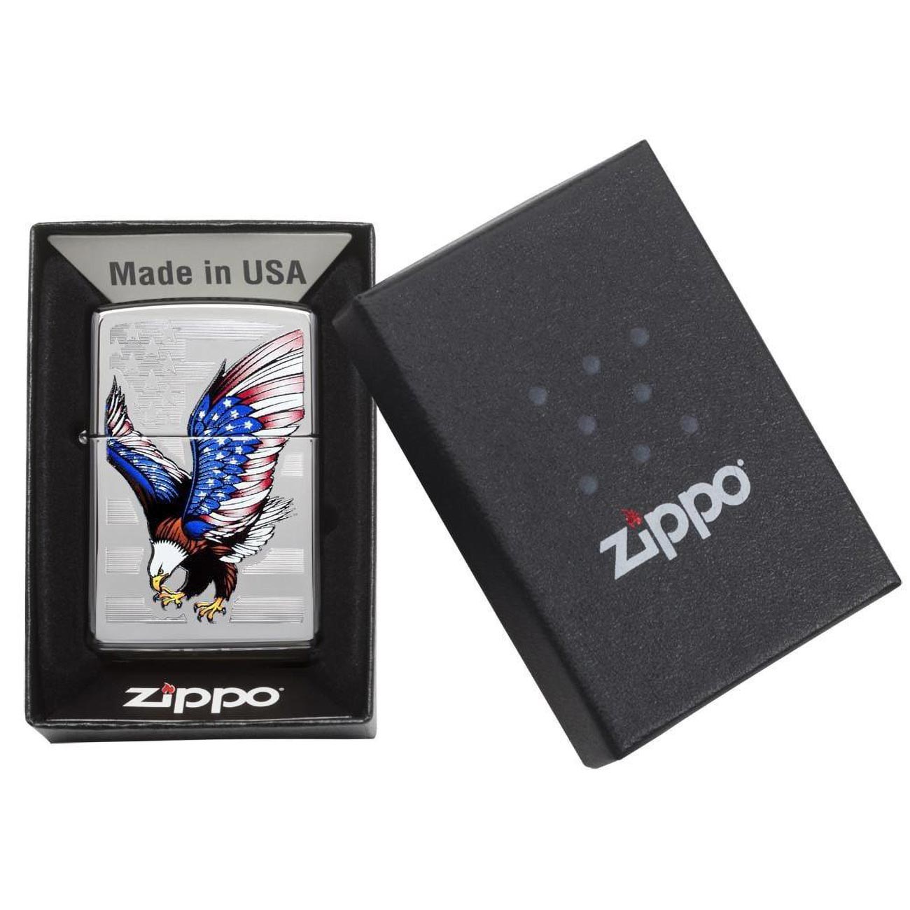 Zippo Windproof Lighter E-Star Award Patriotic Eagle Flag High Polish Chrome