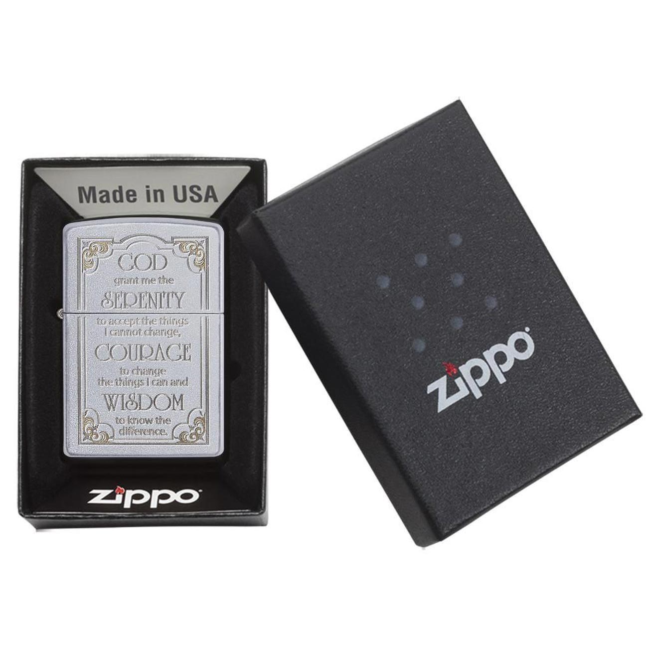 Zippo Serenity Prayer Windproof Lighter, Satin Chrome Finish