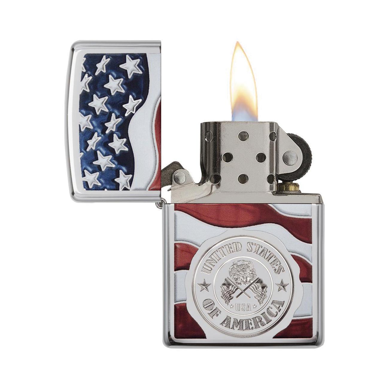 Zippo American Stamp on Flag Windproof Lighter, High Polish Chrome Finish