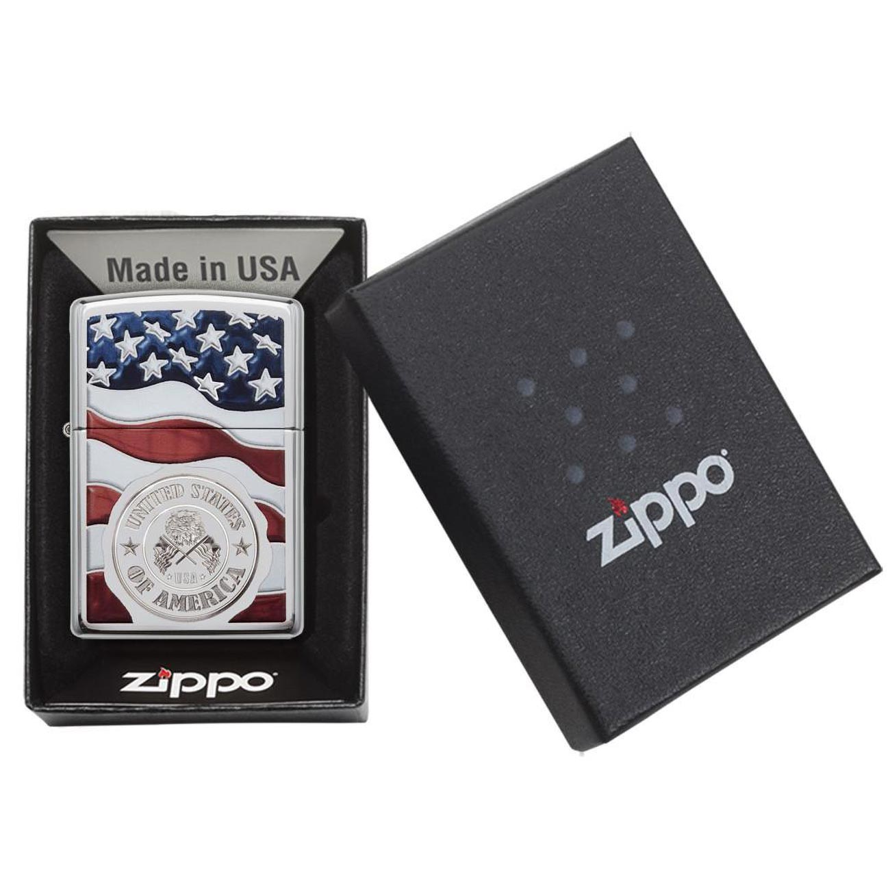 Zippo American Stamp on Flag Windproof Lighter, High Polish Chrome Finish