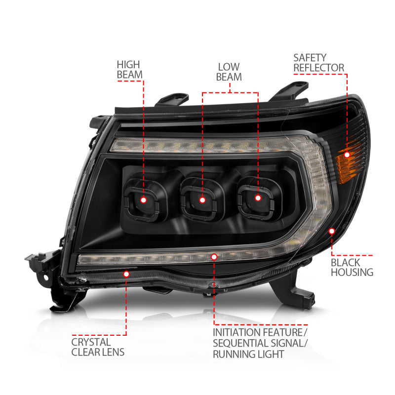 ANZO 05-11 Toyota Tacoma Full LED Proj Headlights White DRL/Init/SeqSig Black - Pair