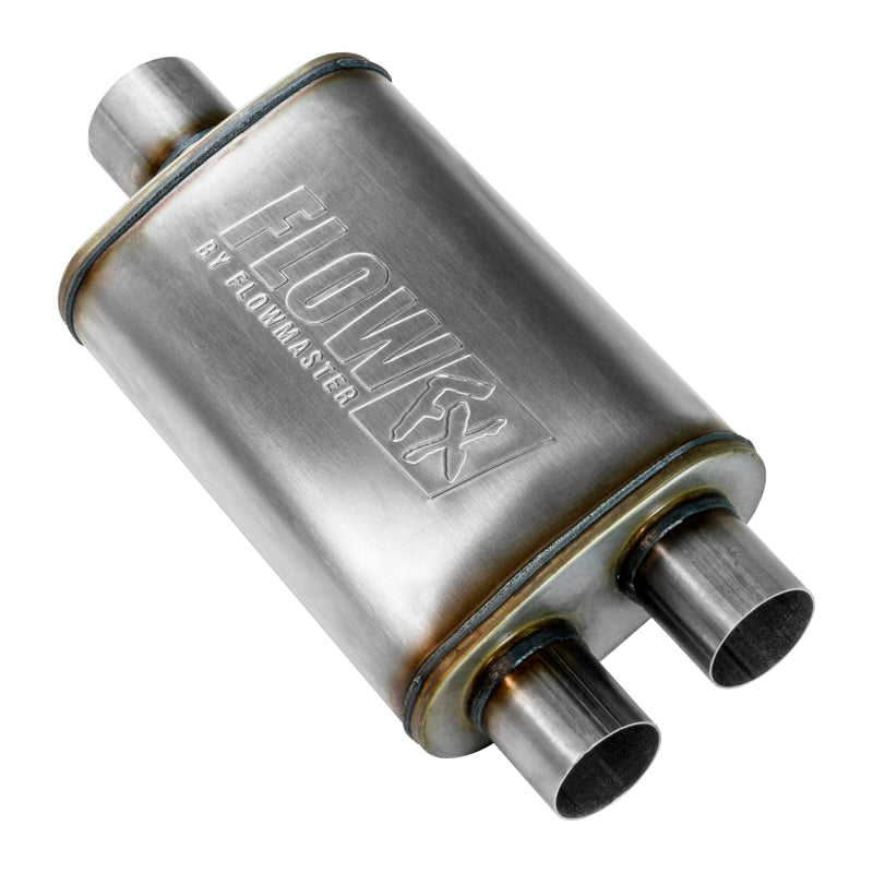 Flowmaster Flow FX Series Muffler for Ford Bronco - 3 Inch Center Inlet, 2.5 Inch Dual Outlets, Stainless Steel, Part Number FLO72198