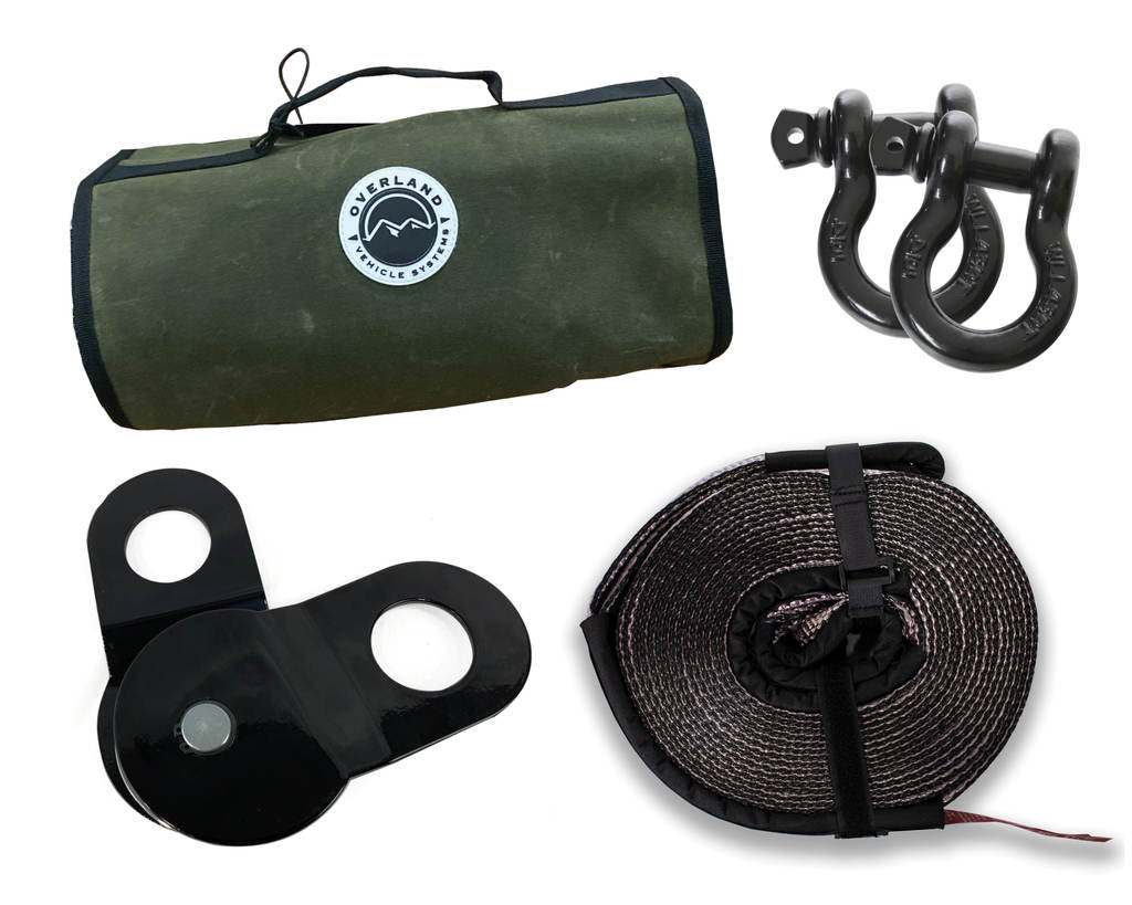 Overland Vehicle Systems - 33-0501 - Recovery Kit - Recovery Wrap Kit Including 20 Inch Tow Strap Pair of Black D-Rings Snatch Block and Canvas Bag