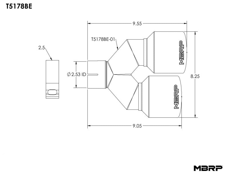 MBRP Burnt End Tip 2.5 ID, Dual 4 OD Out, 9.5 length, Single wall 304 Stainless Steel