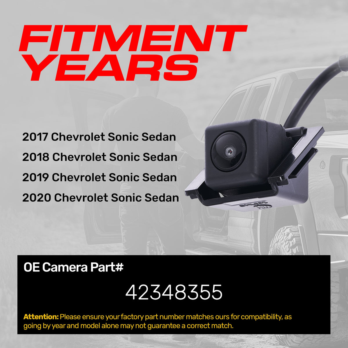 Chevrolet Sonic Sedan (2017-2020) OEM Replacement Backup Camera OE Part # 42348355