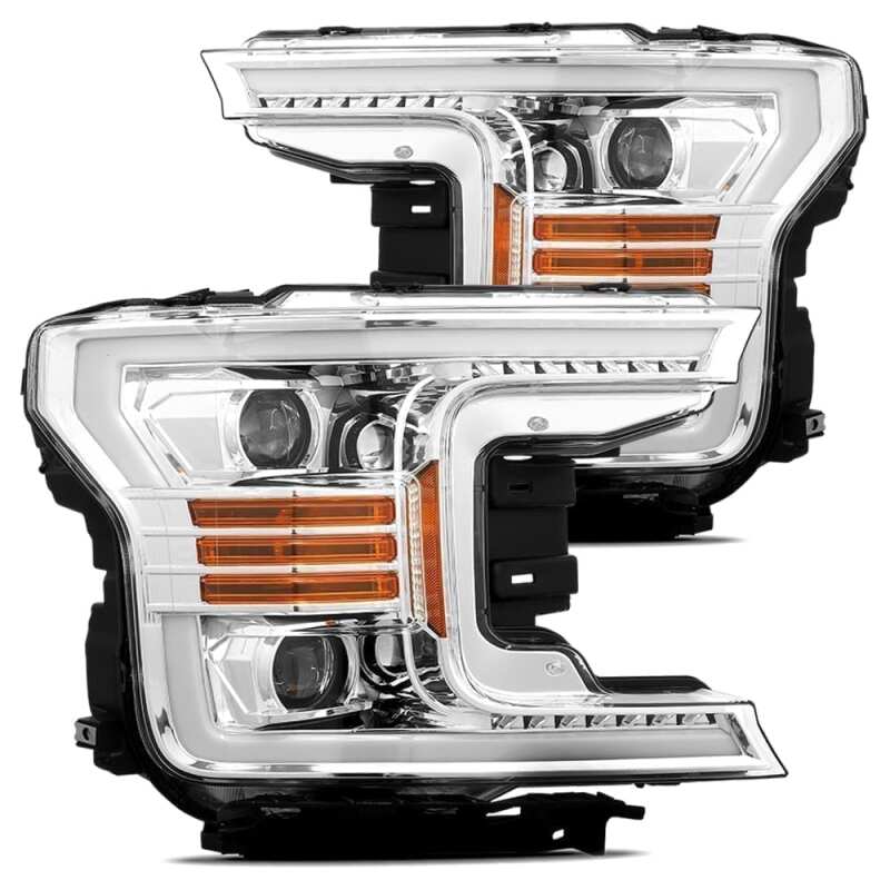AlphaRex LUXX-Series Projector Headlights for 2018–2019 Ford F-150, Plank Style Chrome with Active Light and DRL – ARX880175
