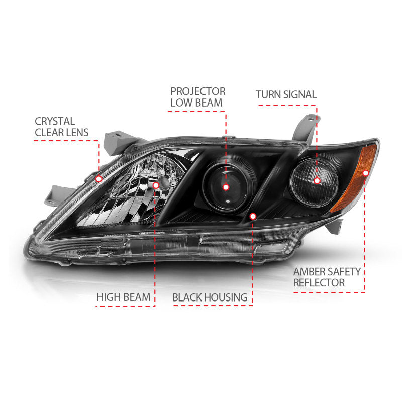 ANZO 2007-2011 Toyota Camry Projector Headlight Black Amber