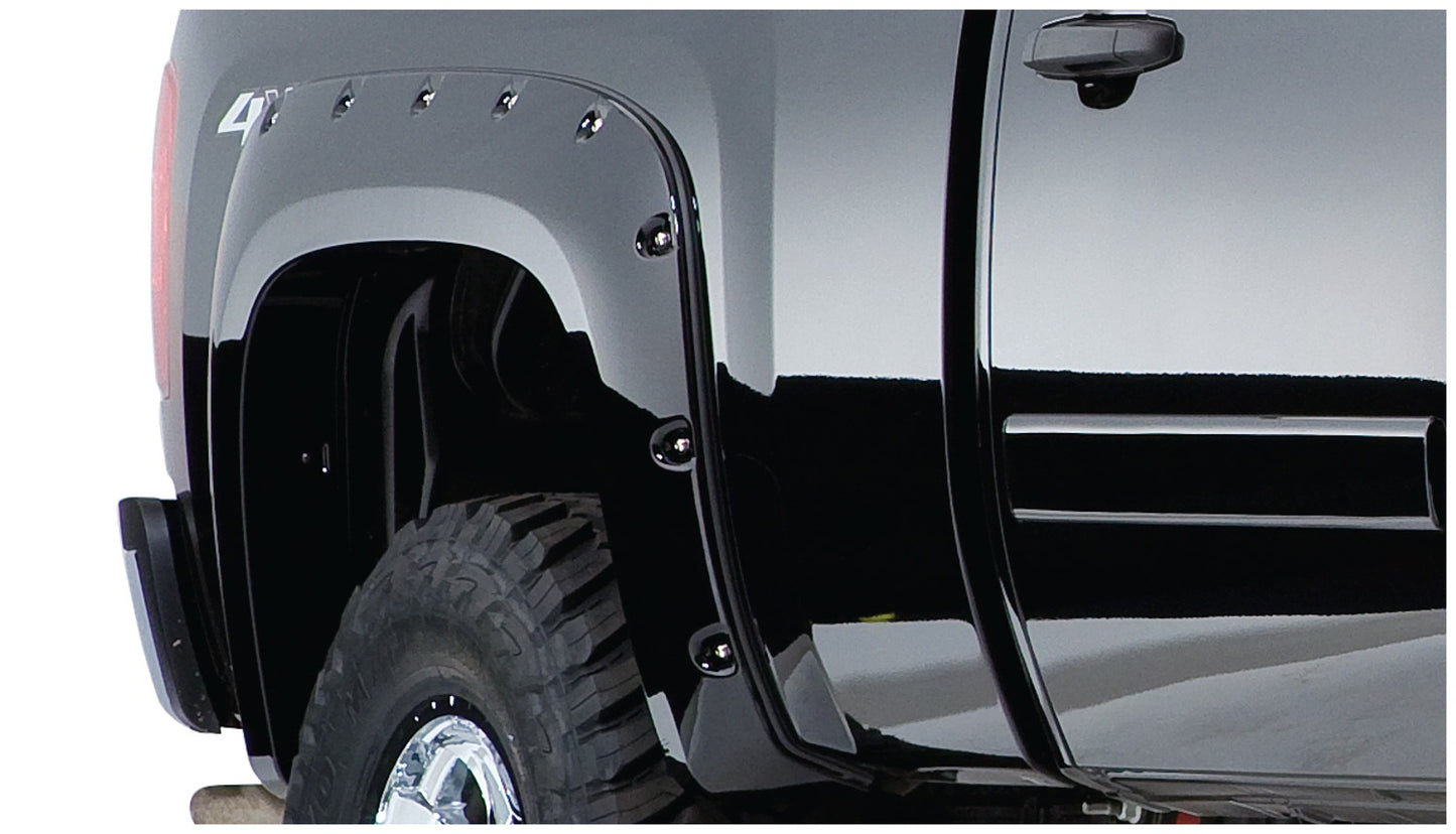 Bushwacker - 40092-02 - Fender Flare -  40092-02 Black Pocket/Rivet Style Smooth Finish Rear Fender Flares for 2007-2013 Silverado 1500; 2007-2014 Silverado 2500 HD/3500 HD; Fits 78, 78.7, 97.6 In. Bed - P/N: 40092-02
