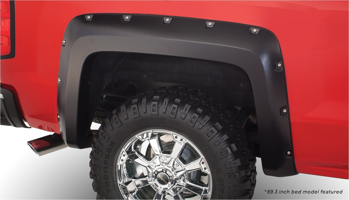 Bushwacker - 40116-02 - Fender Flare -  40116-02 Black Pocket/Rivet Style Smooth Finish Rear Fender Flares for 2019 Chevrolet Silverado 1500 LD, 2014-2018 Silverado 1500, 2015-2019 Silverado 2500 HD/3500 HD (Excludes Dually); Fits 78.8/97.8 In. Bed - P/N: