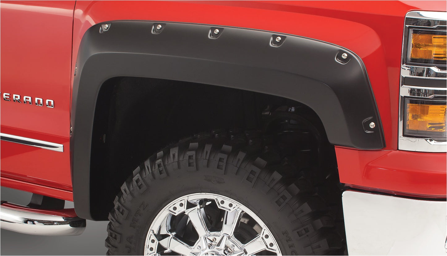 Bushwacker - 40119-02 - Fender Flare -  40119-02 Black Pocket/Rivet Style Smooth Finish Front Fender Flares for 2019 Chevrolet Silverado 1500 LD, 2014-2018 Silverado 1500, 2015-2019 Silverado 2500 HD/3500 HD (Excludes Dually); Fits 78.8/97.8 In. Bed -