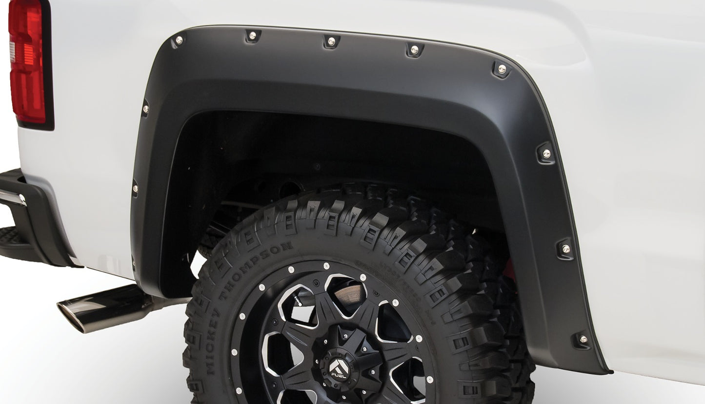 Bushwacker - 40122-02 - Fender Flare -  40122-02 Black Pocket/Rivet Style Smooth Finish Rear Fender Flares for 2014-2018 Sierra 1500 (Incl Limited); 2015-2018 Sierra 2500 HD/3500 HD (Excludes Dually) - P/N: 40122-02