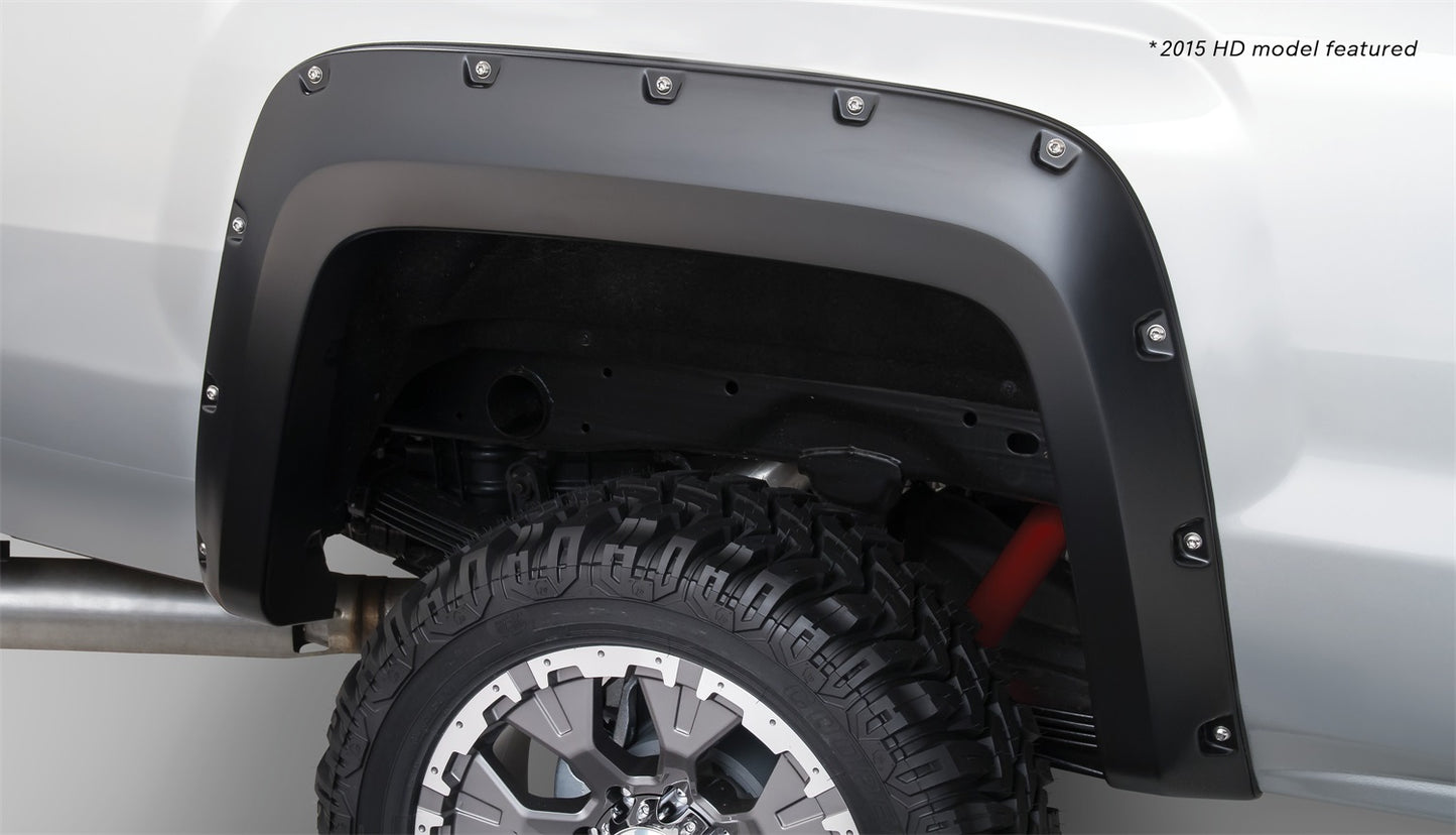 Bushwacker - 40122-02 - Fender Flare -  40122-02 Black Pocket/Rivet Style Smooth Finish Rear Fender Flares for 2014-2018 Sierra 1500 (Incl Limited); 2015-2018 Sierra 2500 HD/3500 HD (Excludes Dually) - P/N: 40122-02