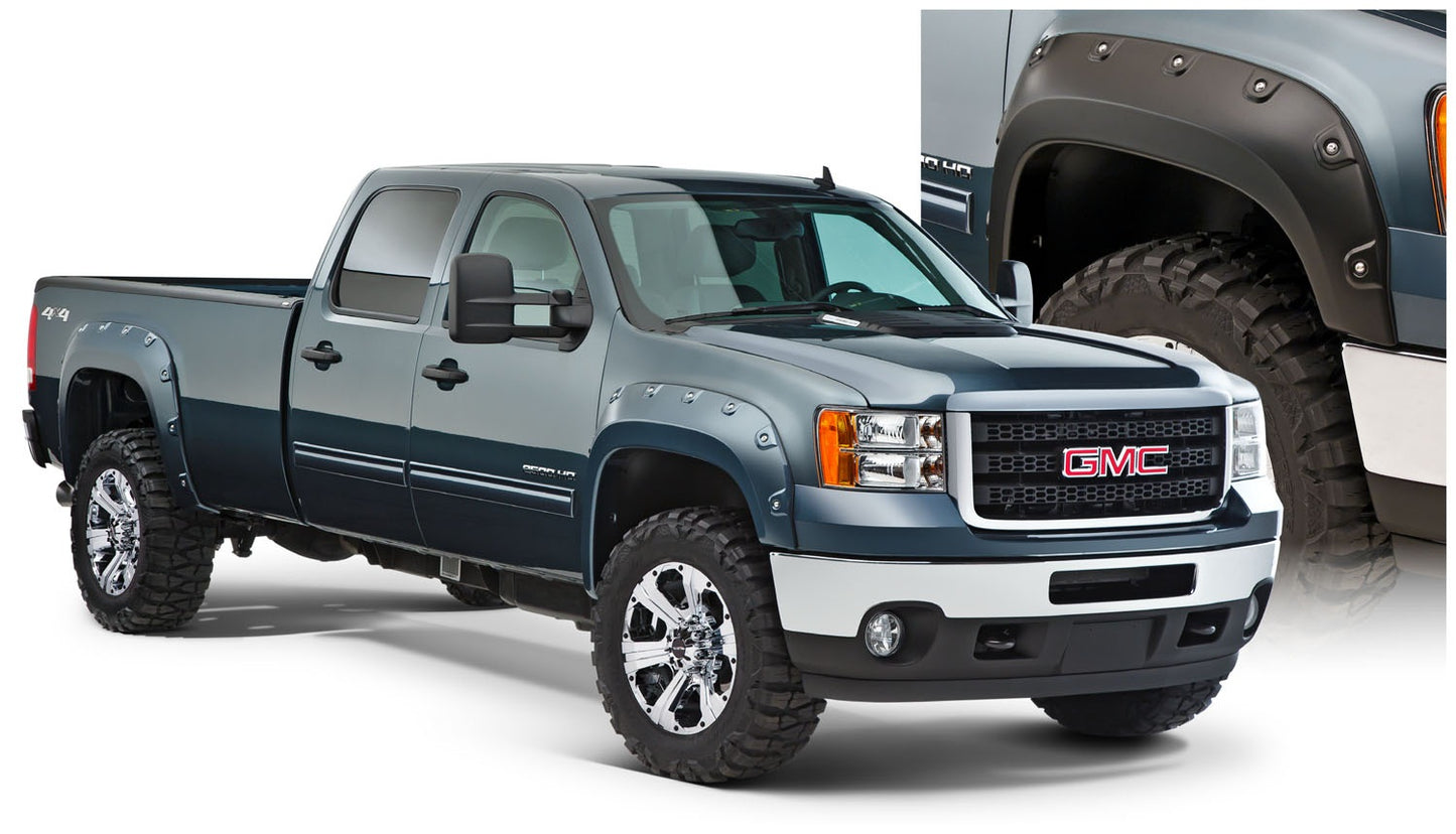 Bushwacker - 40943-02 - Fender Flare -  40943-02 Black Boss Pocket/Rivet Style Smooth Finish 4-Piece Fender Flare Set for 2007-2010 GMC Sierra 2500 HD/3500 HD (Excludes Dually) - P/N: 40943-02