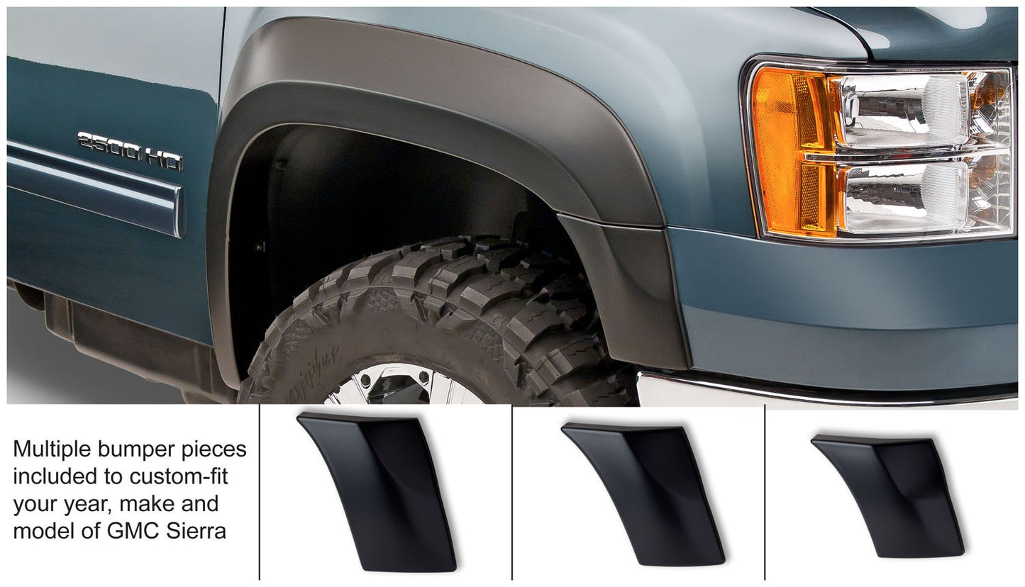 Bushwacker - 40952-02 - Fender Flare -  40952-02 Black Extend-A-Fender Style Smooth Finish 4-Piece Fender Flare Set for 2007-2013 GMC Sierra 1500; 2007-2014 Sierra 2500 HD; Fits 78, 78.7/97.6 In. Bed - P/N: 40952-02