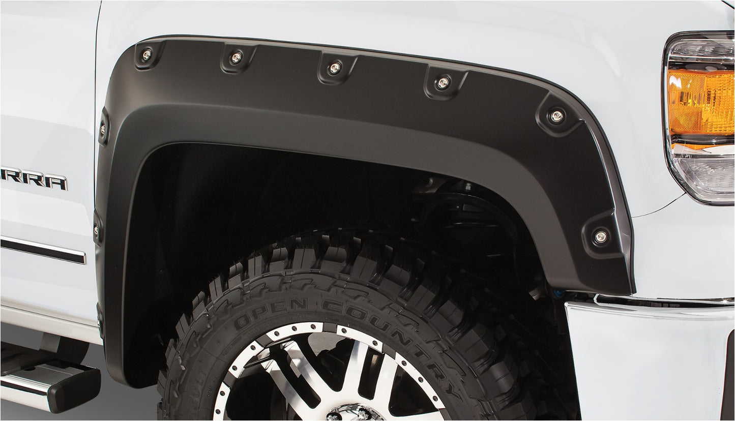 Bushwacker - 40958-02 - Fender Flare -  40958-02 Black Boss Pocket/Rivet Style Smooth Finish 4-Piece Fender Flare Set for 2014-2015 GMC Sierra 1500 - P/N: 40958-02