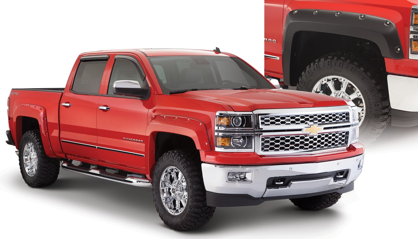 Bushwacker - 40942-02 - Fender Flare -  40942-02 Black Pocket/Rivet Style Smooth Finish 4-Piece Fender Flare Set for 2007-2013 Chevrolet Silverado 1500; Fits 69.3 In. Bed - P/N: 40942-02