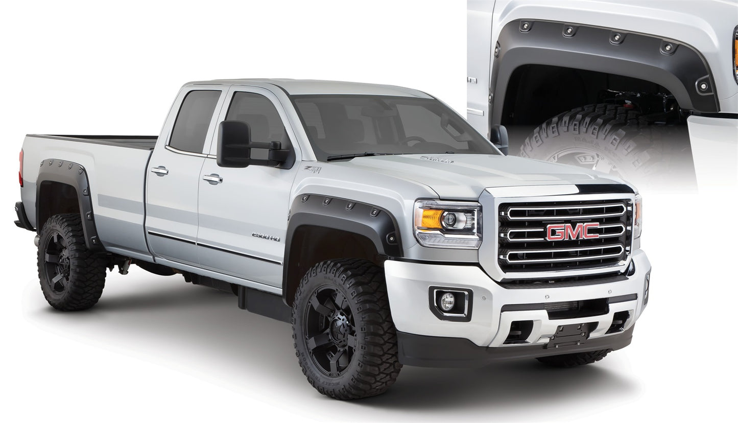 Bushwacker - 40968-02 - Fender Flare -  40968-02 Black Boss Pocket/Rivet Style Smooth Finish 4-Piece Fender Flare Set for 2015-2019 GMC Sierra 2500 HD/3500 HD - P/N: 40968-02