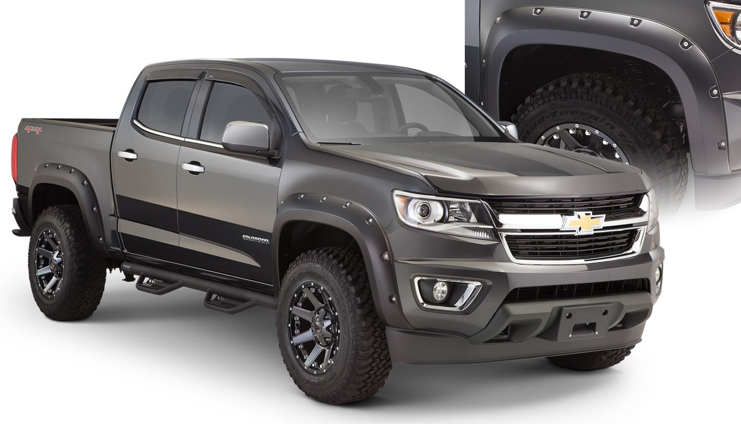 Bushwacker - 40969-02 - Fender Flare -  40969-02 Black Pocket/Rivet Style Smooth Finish 4-Piece Fender Flare Set for 2015-2020 Chevrolet Colorado w/61.7 In. Bed - P/N: 40969-02
