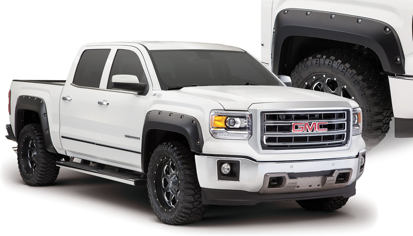 Bushwacker - 40974-02 - Fender Flare -  40974-02 Black Pocket/Rivet Style Smooth Finish 4-Piece Fender Flare Set for 2016-2018 GMC Sierra 1500 (Incl Limited); Fits 69.3 In. Bed - P/N: 40974-02