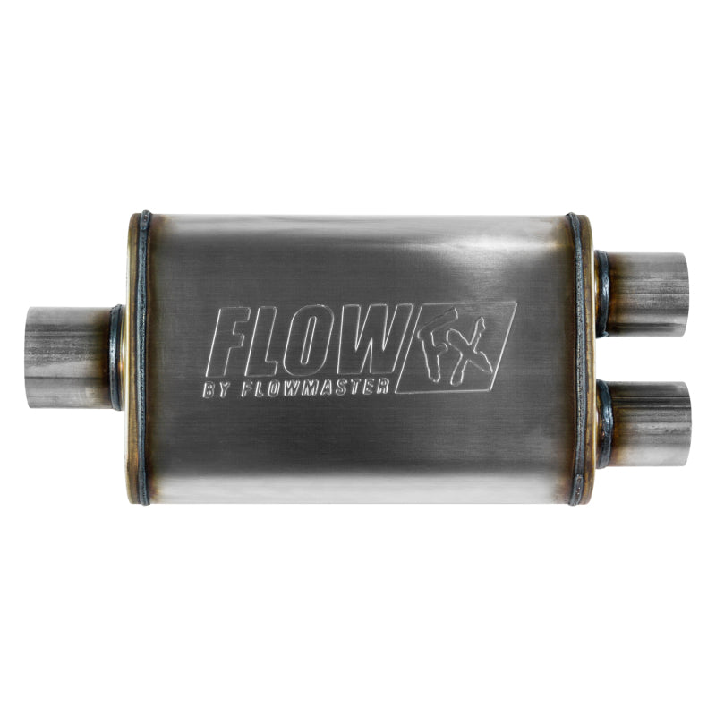 Flowmaster Flow FX Series Muffler for Ford Bronco - 3 Inch Center Inlet, 2.5 Inch Dual Outlets, Stainless Steel, Part Number FLO72198