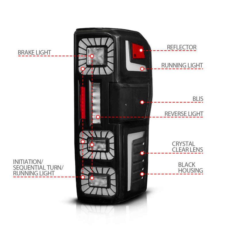 ANZO 23-26 Ford Super Duty Full LED Tail Light Assembly with Sequential Signal and Black Housing – Pair