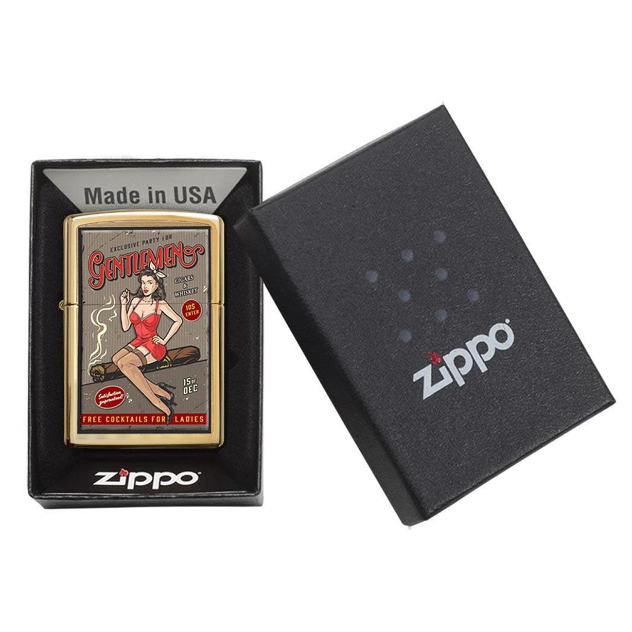 Zippo 81675 Windproof Lighter, Pin-Up Girl Whiskey and Cigars Party Design, Street Brass