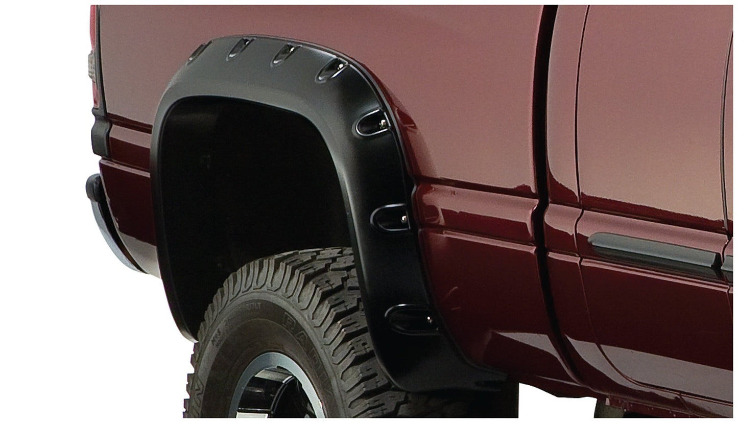 Bushwacker - 50018-02 - Fender Flare -  50018-02 Black Pocket/Rivet Style Smooth Finish Rear Fender Flares for 2002-2008 Dodge Ram 1500; Ram 2500, 3500; Fits 75.9/76.3 In. Bed - P/N: 50018-02
