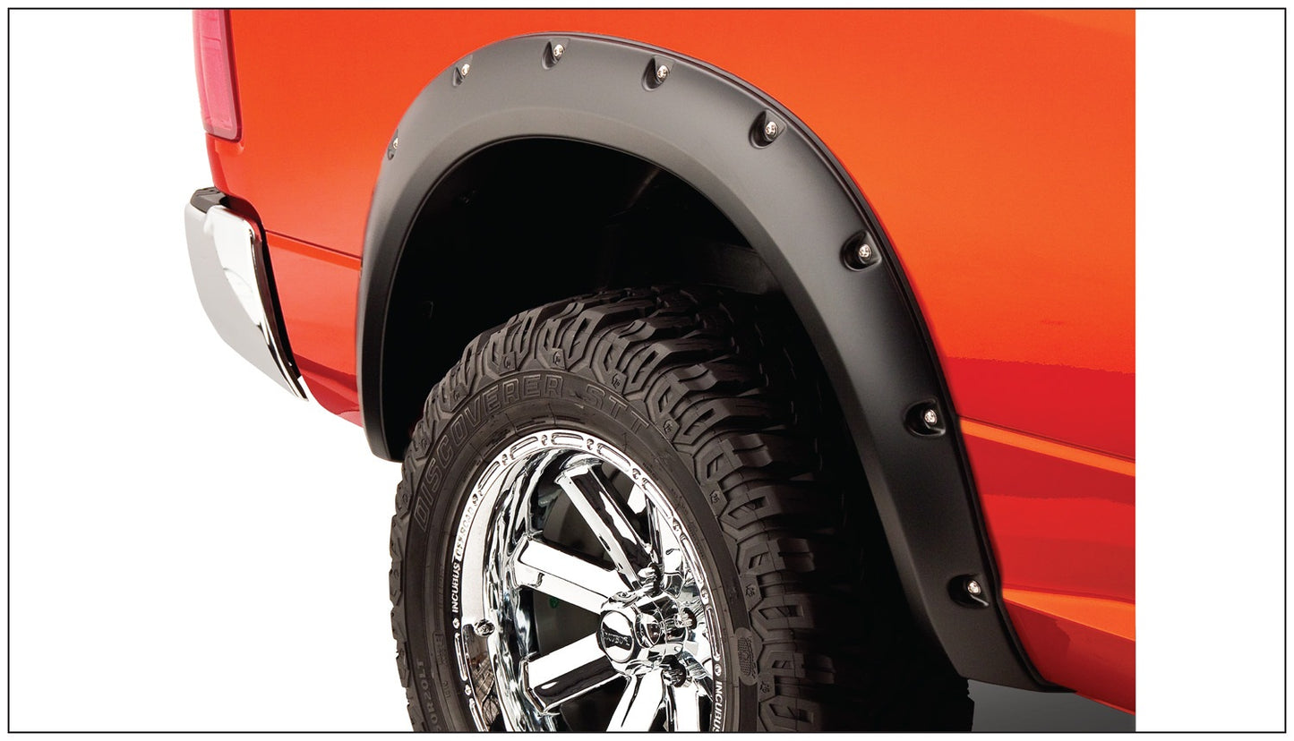 Bushwacker - 50038-02 - Fender Flare -  50038-02 Black Pocket/Rivet Style Smooth Finish Rear Fender Flares for 09-18 Dodge Ram 1500, 19-23 Ram 1500 Classic, 11-23 Dodge Ram 2500/3500; - P/N: 50038-02