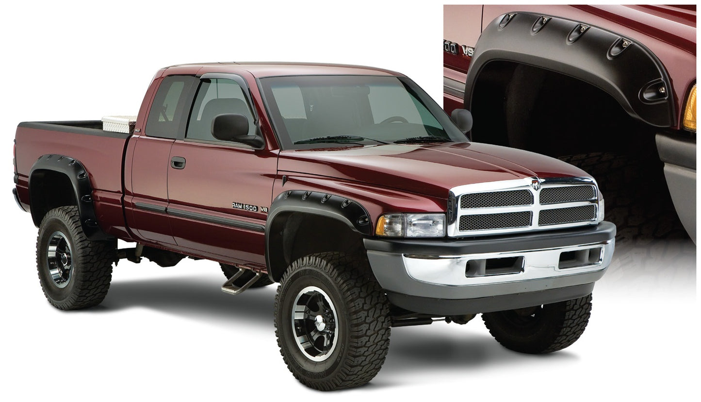 Bushwacker - 50908-02 - Fender Flare -  50908-02 Black Pocket/Rivet Style Smooth Finish 4-Piece Fender Flare Set for 1994-2001 Dodge Ram 1500; 1994-2002 Ram 2500, 3500 (Excludes Dually); Fit 78/96 In. Bed - P/N: 50908-02