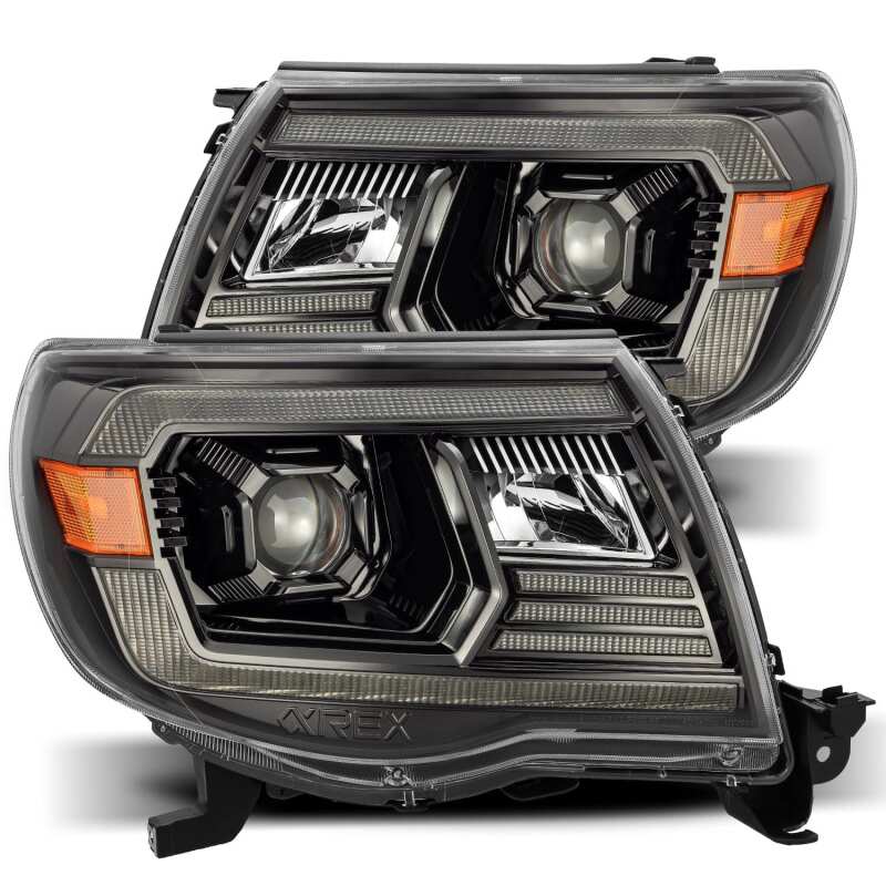 AlphaRex LUXX LED Projector Headlights for 2005–2011 Toyota Tacoma, Plank Style Alpha Black with Active Light and DRL – ARX880739