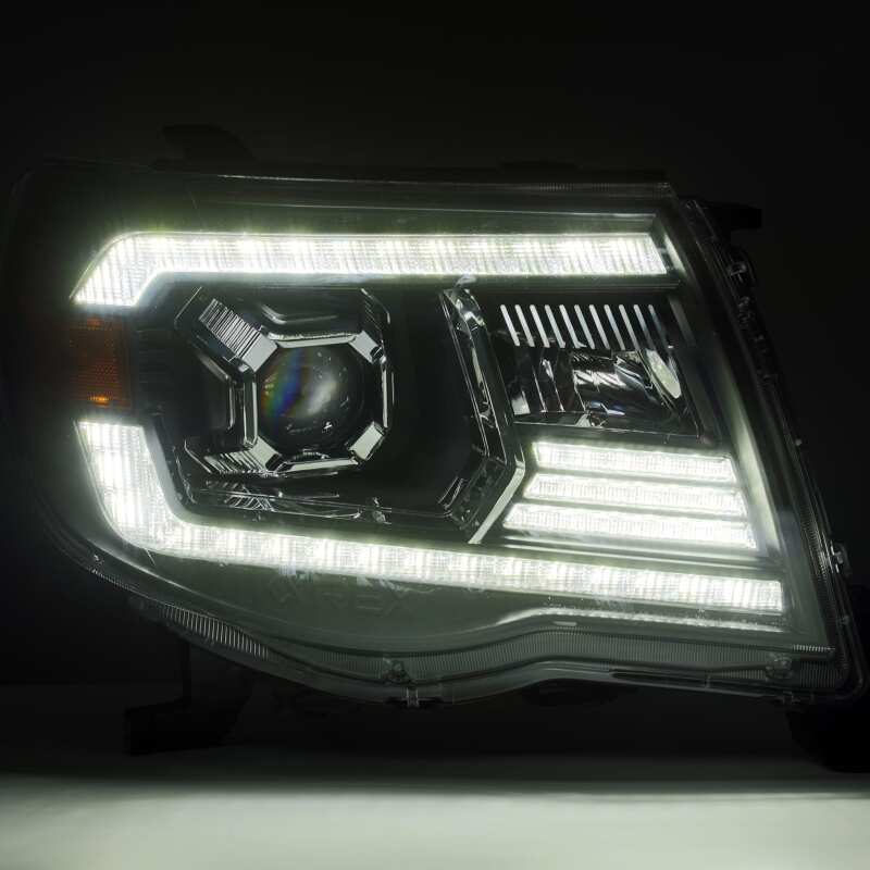 AlphaRex LUXX LED Projector Headlights for 2005–2011 Toyota Tacoma, Plank Style Alpha Black with Active Light and DRL – ARX880739