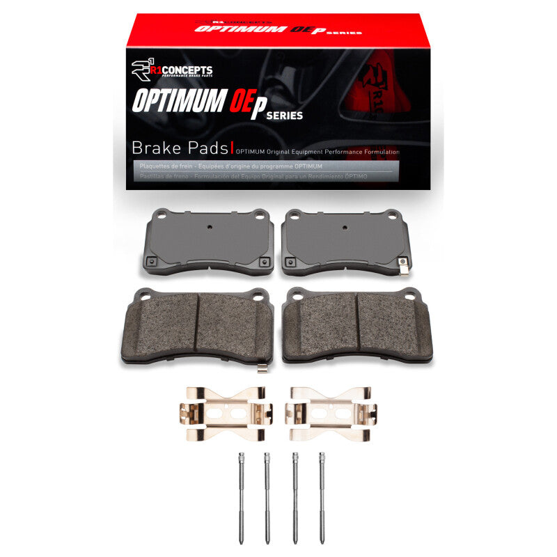 R1 Concepts Optimum OEp Rear Brake Pads and Hardware Kit for Nissan GT-R, Part Number RNC2551-1383-01