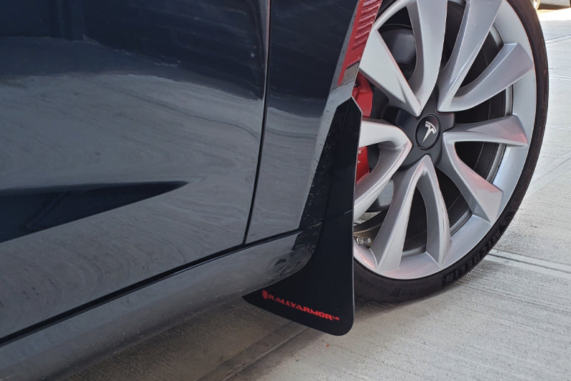 Rally Armor - ralMF62-UR-BLK/WH - 2017-2023 Tesla Model 3 Black UR Mud Flaps with White Logo