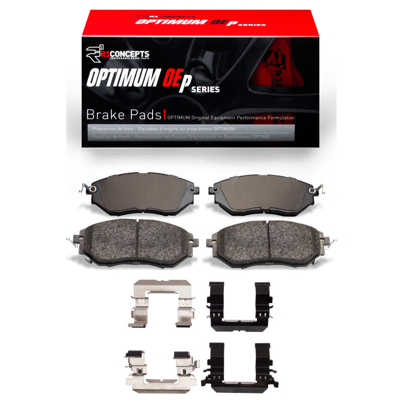 R1 Concepts Optimum OEp Front Brake Pads and Hardware Kit for Subaru WRX, Legacy, Outback, Forester, and Tribeca