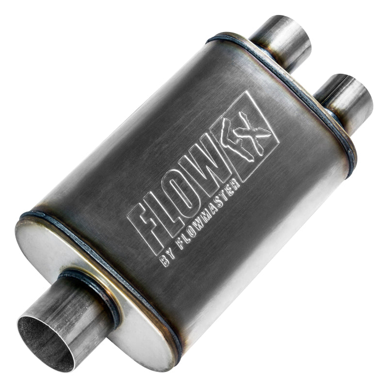Flowmaster Flow FX Series Muffler for Ford Bronco - 3 Inch Center Inlet, 2.5 Inch Dual Outlets, Stainless Steel, Part Number FLO72198