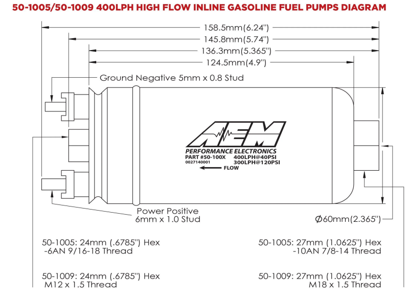AEM 400LPH High-Pressure Inline Fuel Pump, Part Number 50-1009