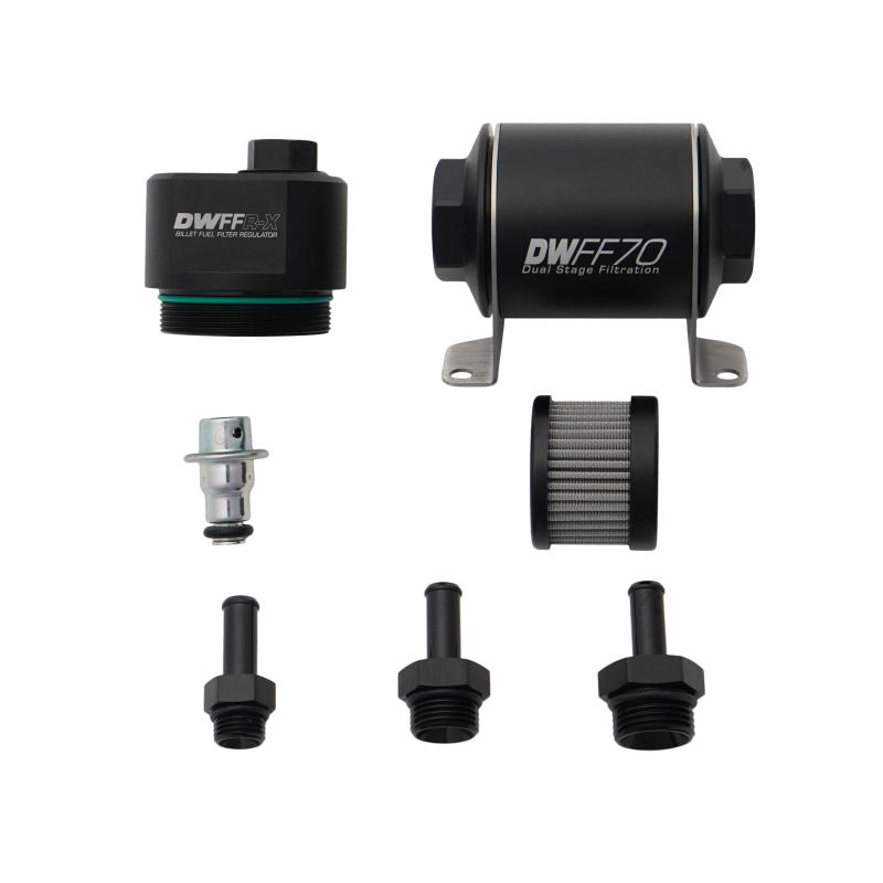 DeatschWerks DWK8-FFR-070-010K-38 DWFFR-X 70mm Billet Fuel Filter Regulator, 10 Micron, 3/8-Inch Fittings