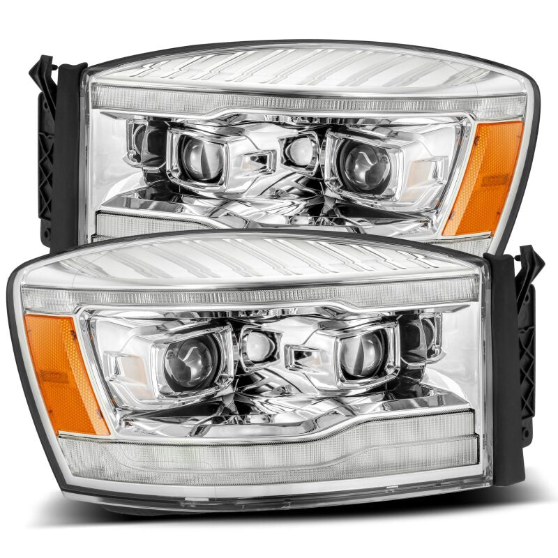 AlphaRex LUXX LED Projector Headlights for 2006-2008 Dodge Ram 1500, 2500 and 3500, Plank Style Chrome with Sequential Signal and DRL - ARX880534
