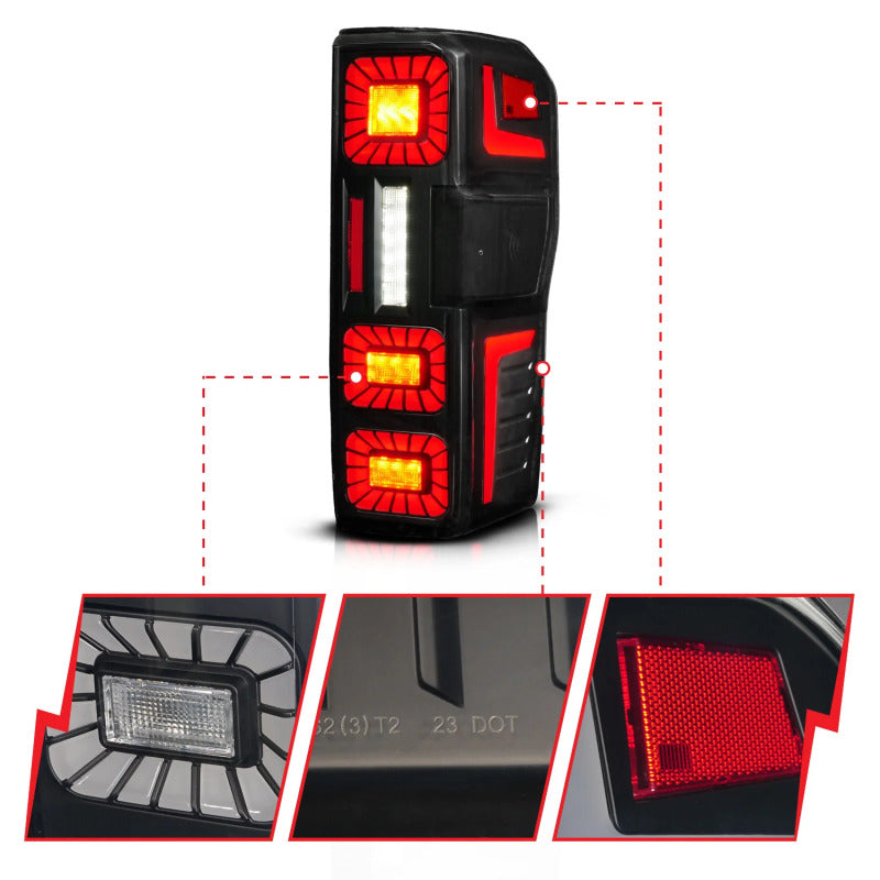 ANZO 23-26 Ford Super Duty Full LED Tail Light Assembly with Sequential Signal and Black Housing – Pair