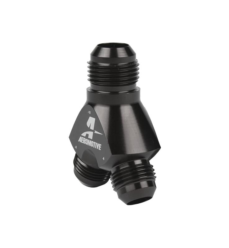 Aeromotive Y-Block Fuel Fitting, AN-10 Inlet to Dual AN-8 Outlets, Part Number 15675