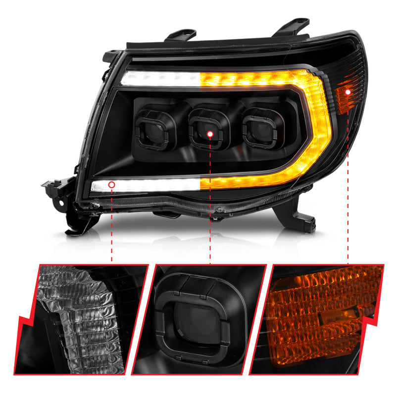 ANZO 05-11 Toyota Tacoma Full LED Proj Headlights White DRL/Init/SeqSig Black - Pair