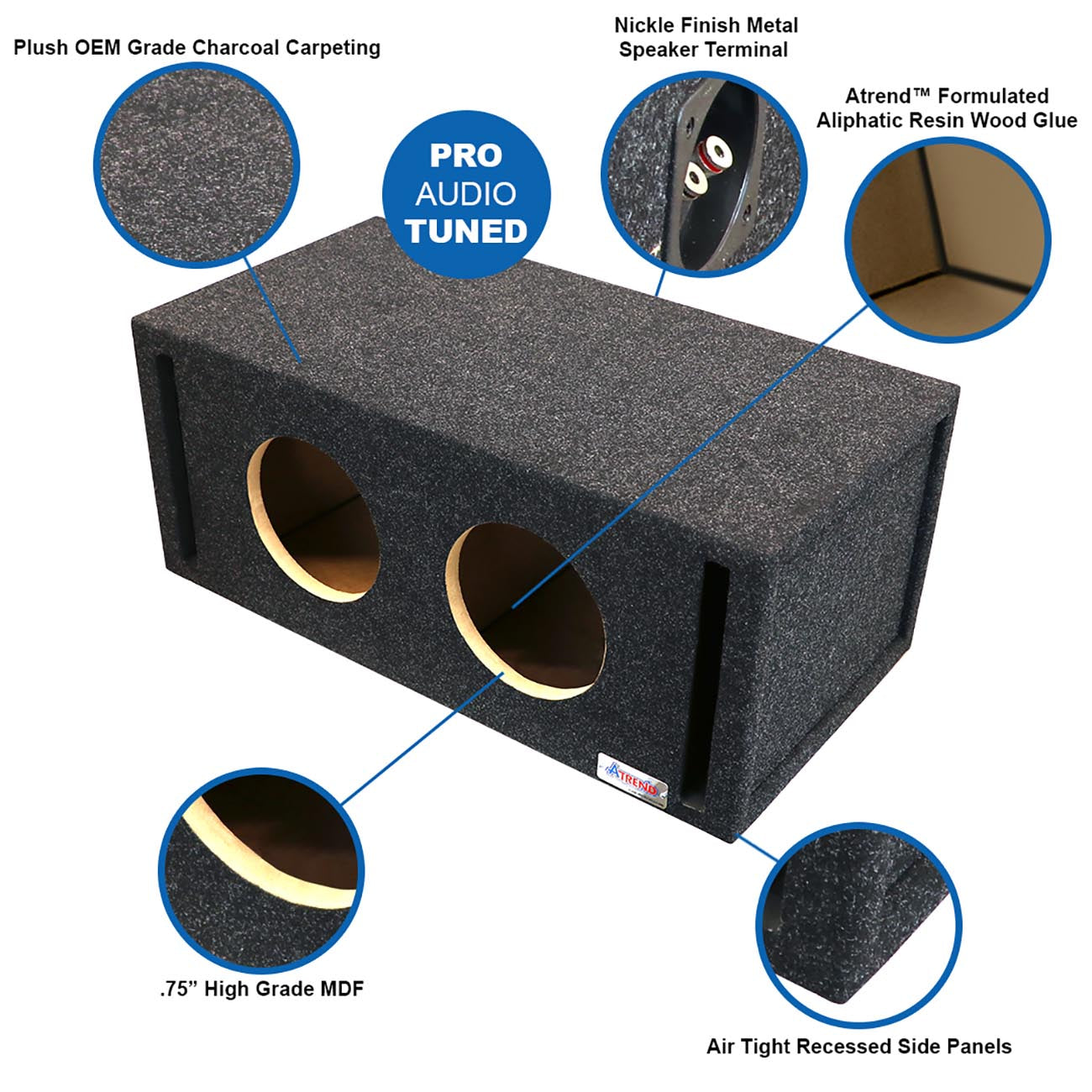 Atrend Dual 8-Inch Vented Woofer Enclosure with Charcoal Carpet Covering
