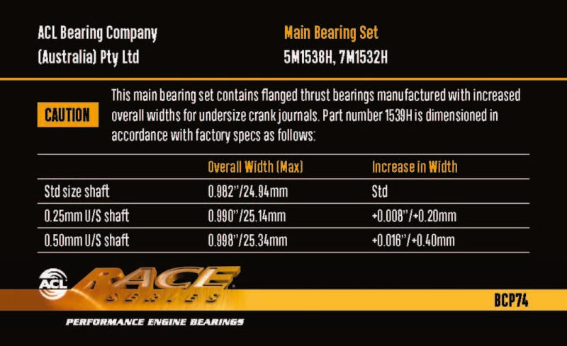 ACL 7M1532H-.025 Oversized Main Bearing Set for BMW M20, M50, M52 and M54 Engines