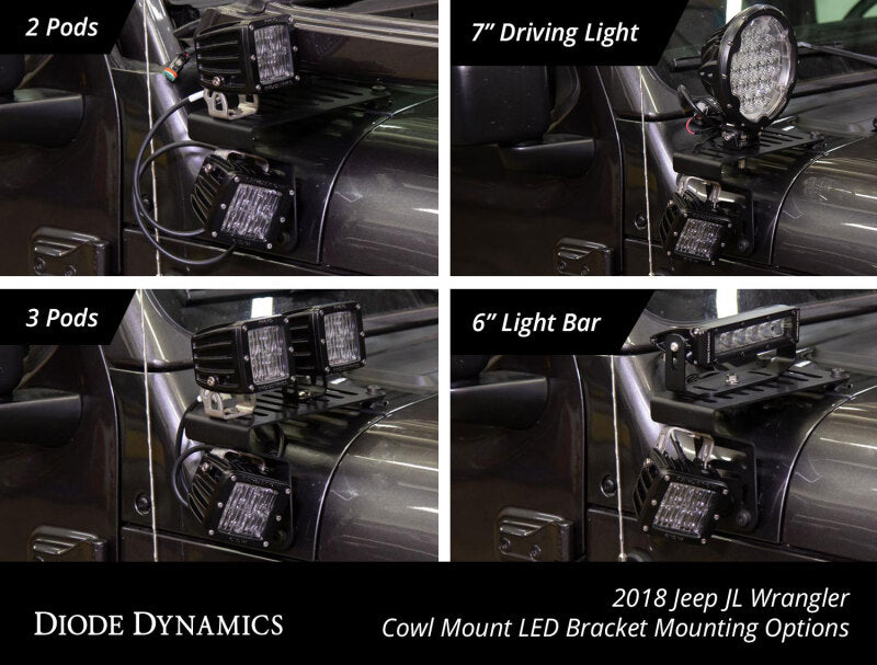 Diode Dynamics SS6 Cowl LED Bracket Kit for Jeep Wrangler JL and Gladiator, White Driving, DD6092