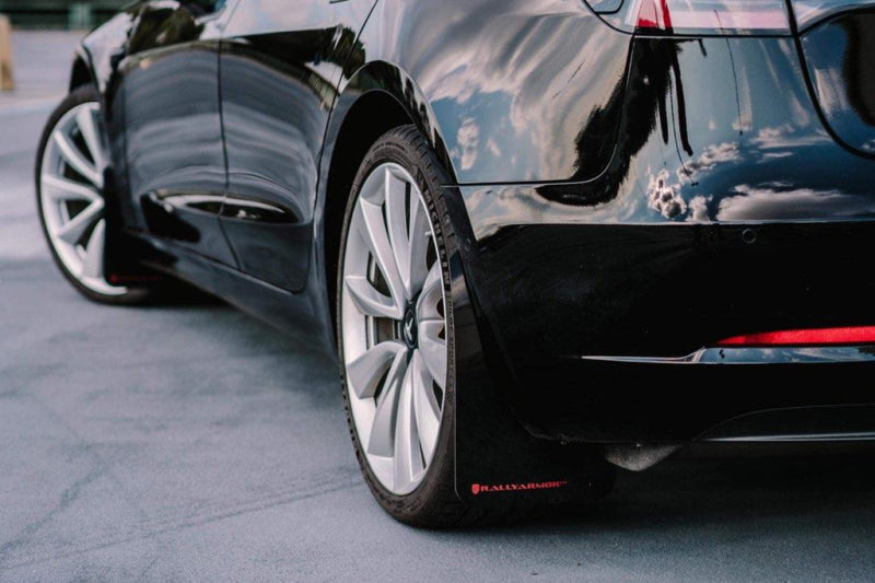 Rally Armor - ralMF62-UR-BLK/WH - 2017-2023 Tesla Model 3 Black UR Mud Flaps with White Logo