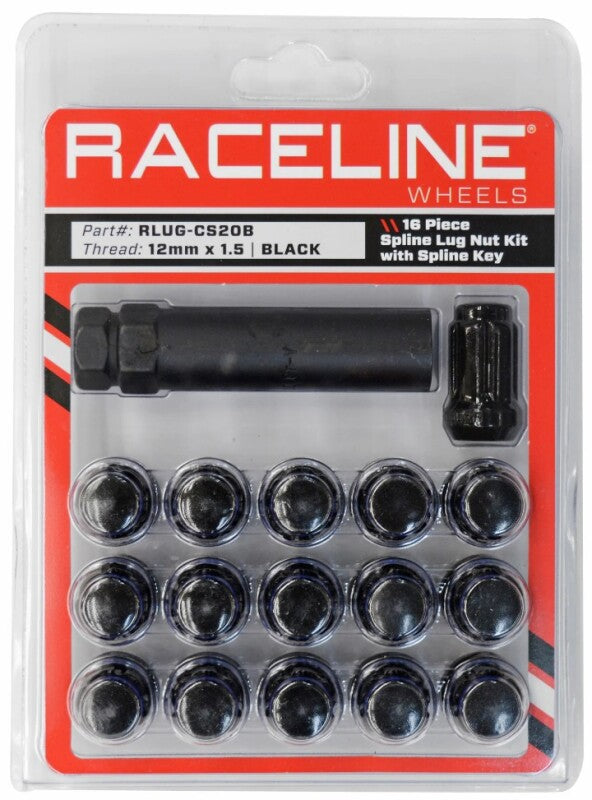 Raceline Spline Lug Nut Kit with Spline Key, 12 x 1.5 Thread, 16-Pack, Black – RLUG-CS20B