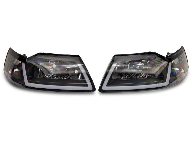 Raxiom Axial Series Headlights with Sequential LED Bar for 1999-2004 Ford Mustang, Black Housing, Clear Lens