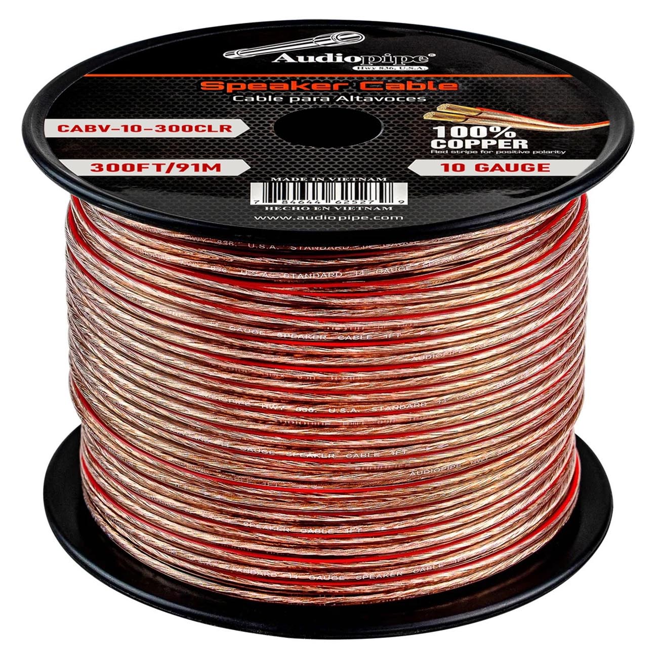 AUDIOPIPEMAP CCA Speaker Wire 10 Gauge 300 Foot Roll with Clear PVC Insulation
