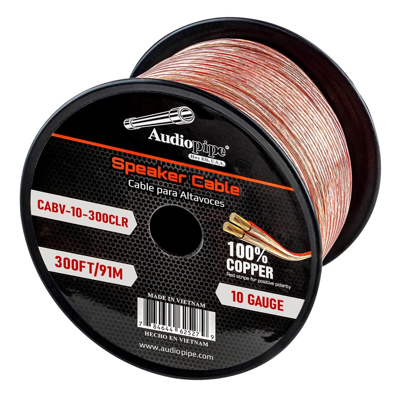 AUDIOPIPEMAP CCA Speaker Wire 10 Gauge 300 Foot Roll with Clear PVC Insulation